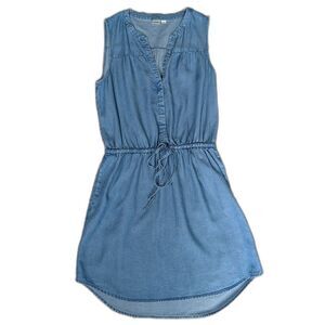 GAP Sleeveless Tie Waist Jumper Dress Shirtdress Lyocell Denim Look V-Neck Sz S